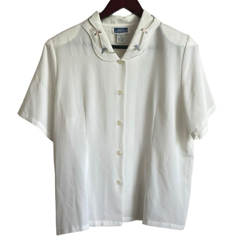 VTG Bryn Connelly Women Blouse‎ 12 Ivory Sheer Embroidered Peter Pan Collar